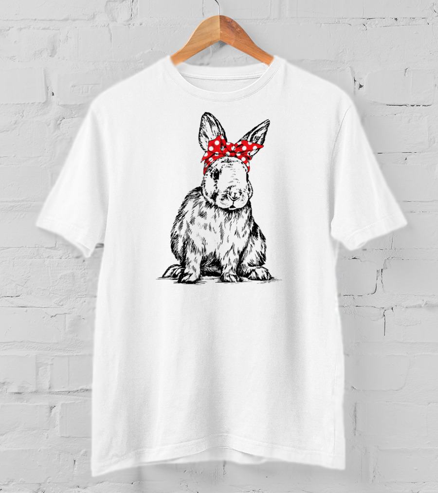 Bunny Rabbit With Red Bow Headband Rabbit Lover Farmer Girl T-Shirt
