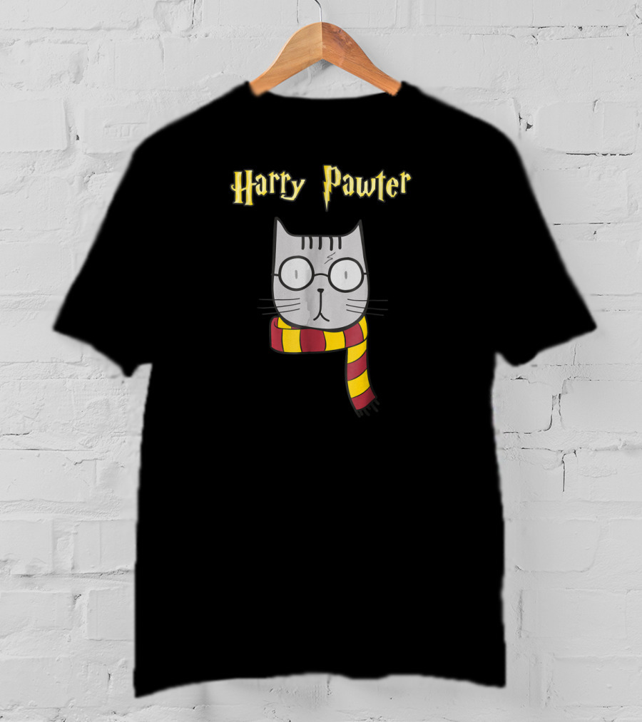 Harry Pawter Magic Cat With Glasses And Gryffindor Scarf T-Shirt