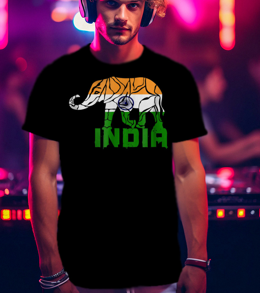 India Elephant With National Flag Colors And India Text T-Shirt