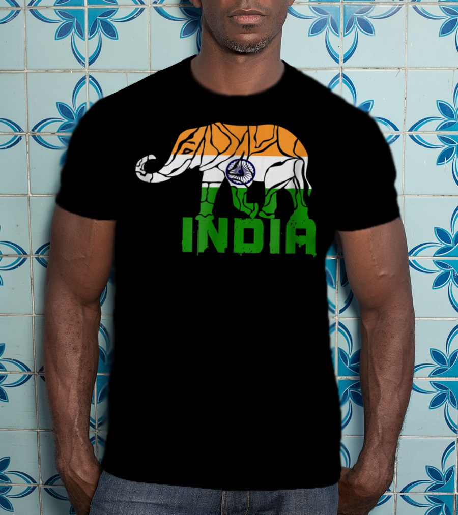 India Elephant With National Flag Colors And India Text T-Shirt