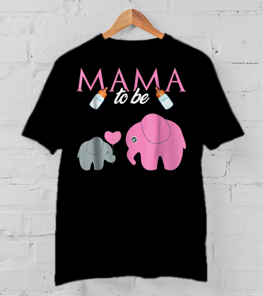 Mama To Be Pink Elephant Baby Shower With Milk Bottles And Heart Balloon T-Shirt