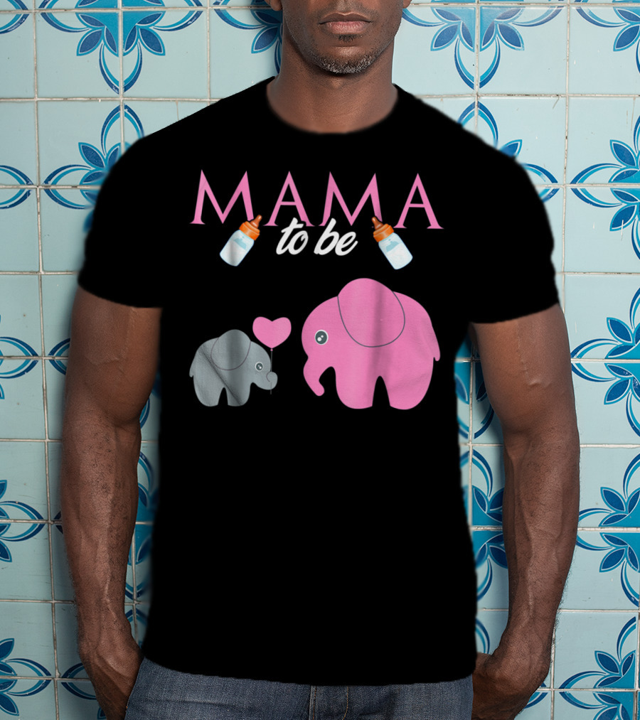 Mama To Be Pink Elephant Baby Shower With Milk Bottles And Heart Balloon T-Shirt