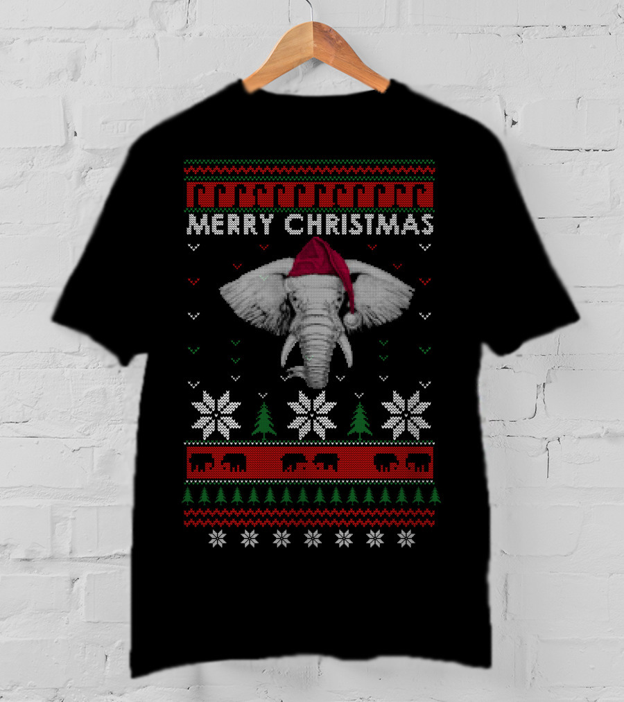 Merry Christmas Elephants Santa Hat Ugly T-Shirt