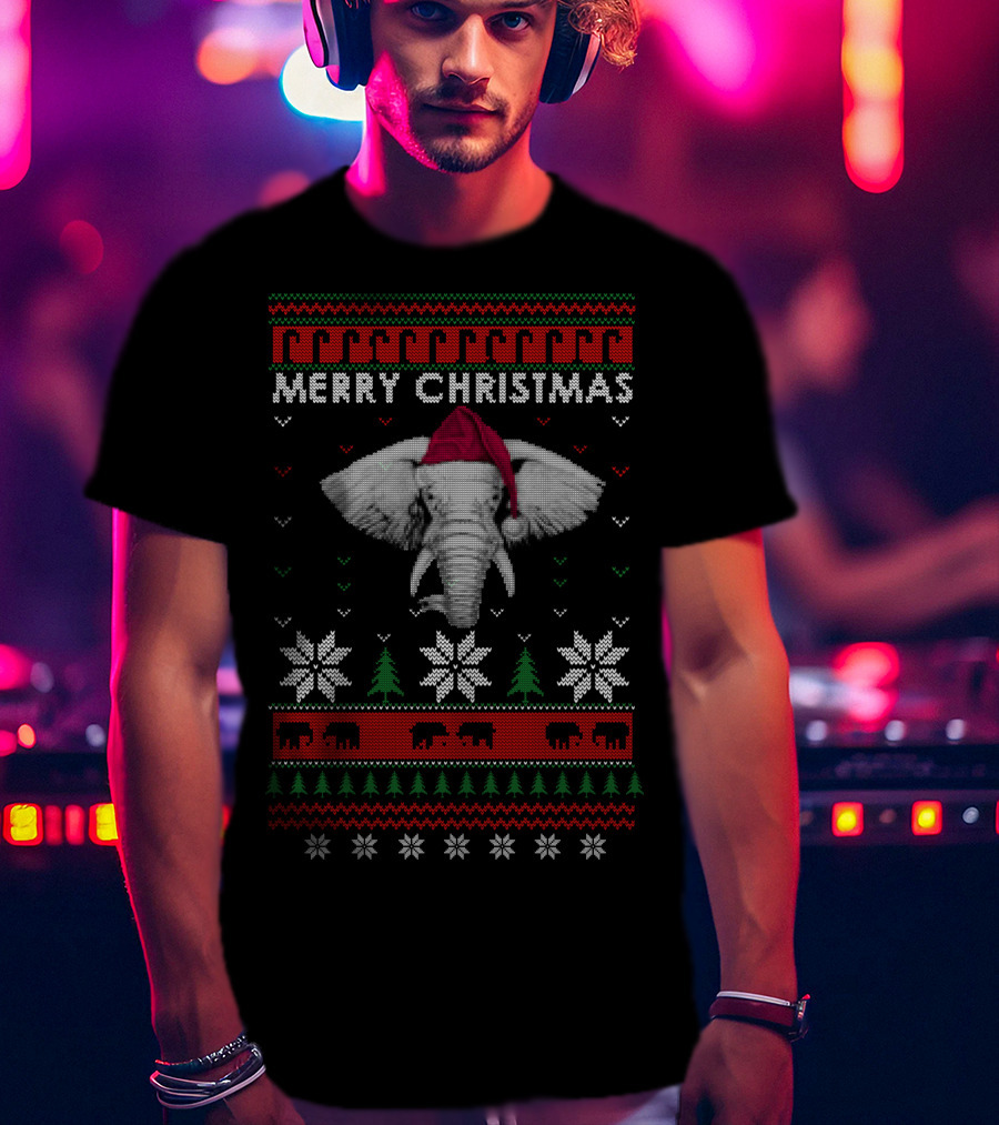 Merry Christmas Elephants Santa Hat Ugly T-Shirt