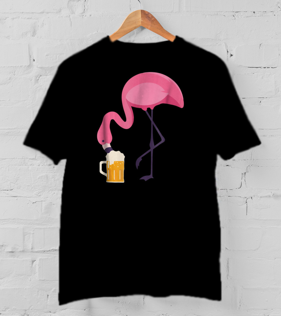 Flamingo Drinking Beer Concept With Pink Bird And Pint Glass T-Shirt