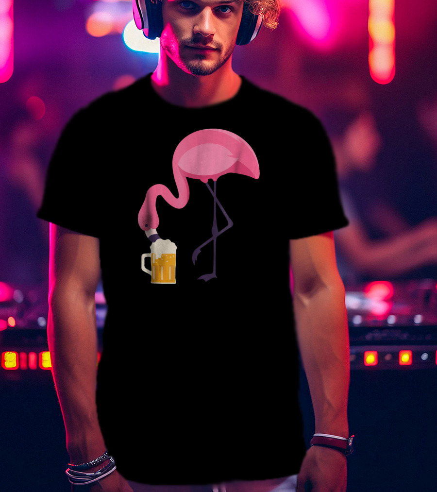 Flamingo Drinking Beer Concept With Pink Bird And Pint Glass T-Shirt