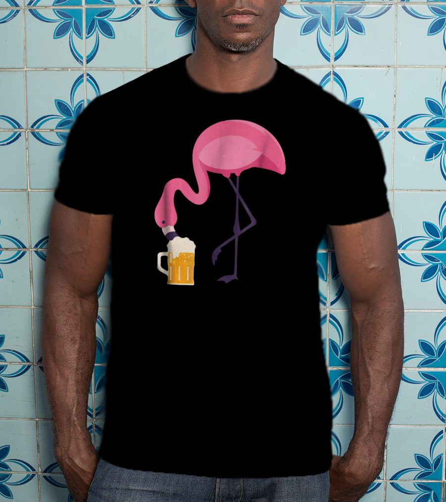 Flamingo Drinking Beer Concept With Pink Bird And Pint Glass T-Shirt