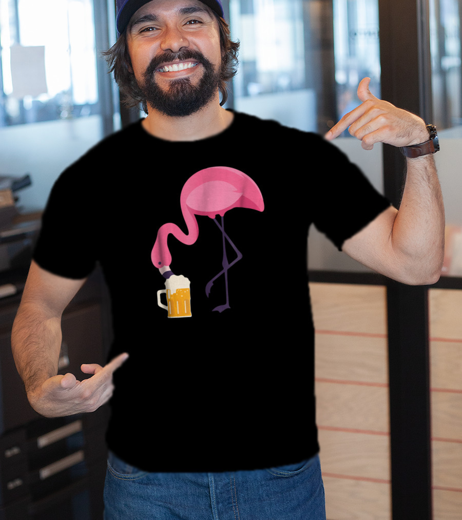 Flamingo Drinking Beer Concept With Pink Bird And Pint Glass T-Shirt