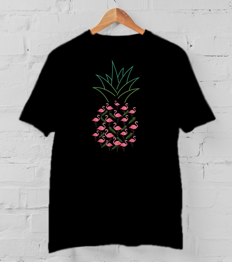 Pineapple Flamingo Pattern With Pink Flamingos And Green Leaves T-Shirt