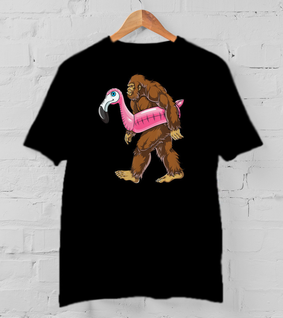 Pool Party Bigfoot Pink Flamingo Sasquatch Float T-Shirt