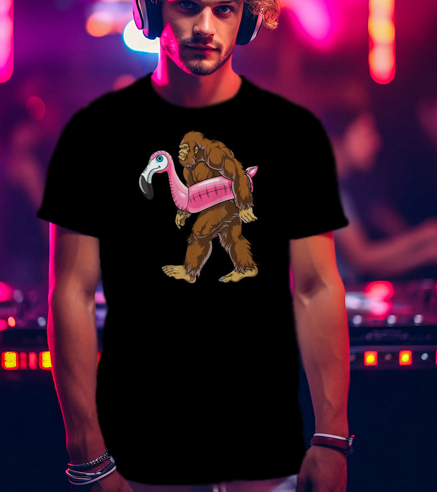 Pool Party Bigfoot Pink Flamingo Sasquatch Float T-Shirt