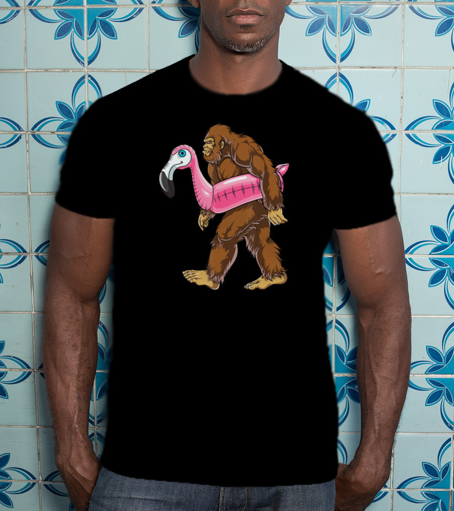 Pool Party Bigfoot Pink Flamingo Sasquatch Float T-Shirt