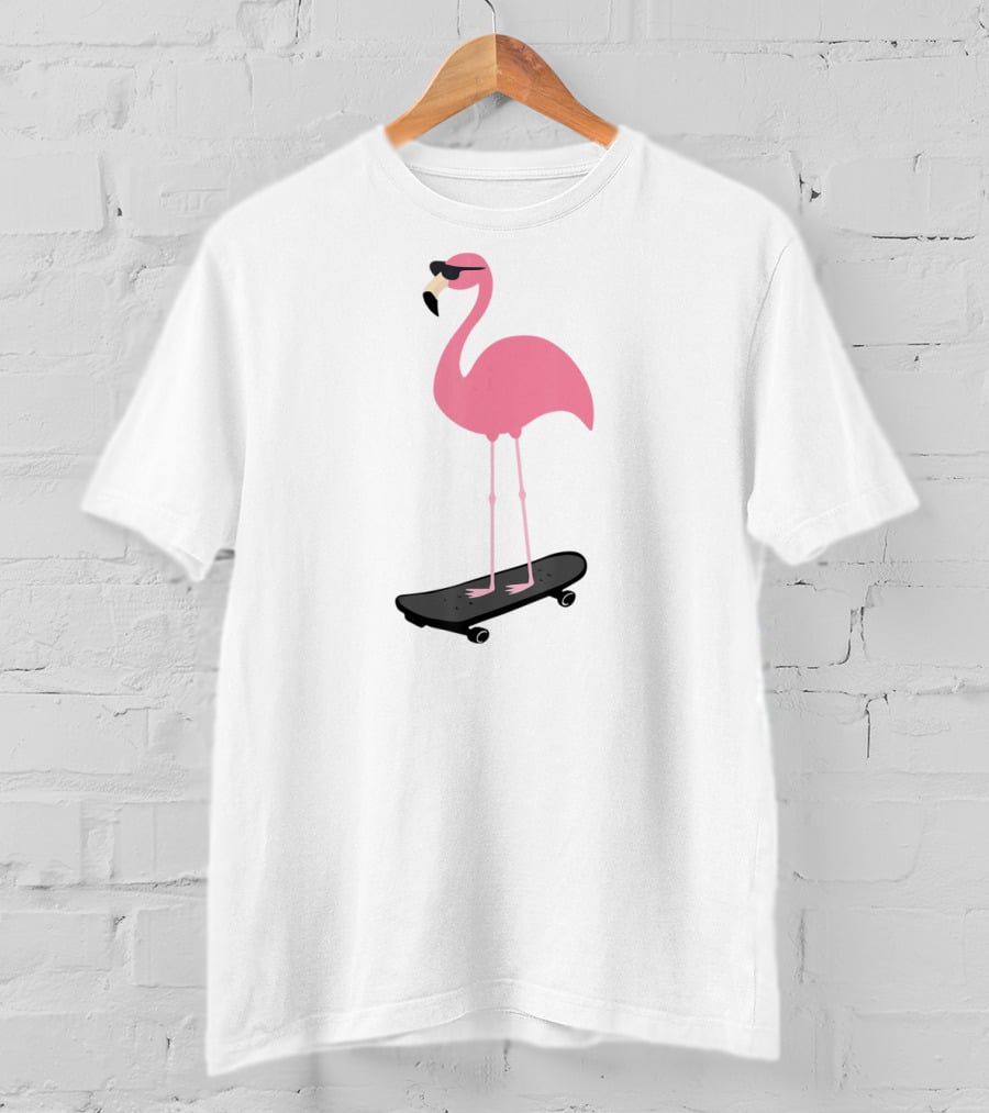 Cool Pink Flamingo Skateboard Sunglasses Bird Pun T-Shirt