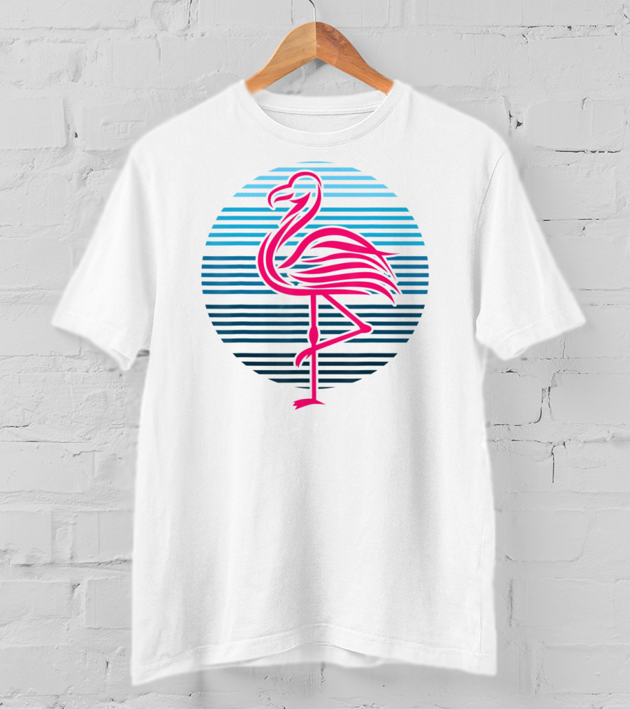 Flamingo Bird 80s Party Retro Stripes Birthday T-Shirt