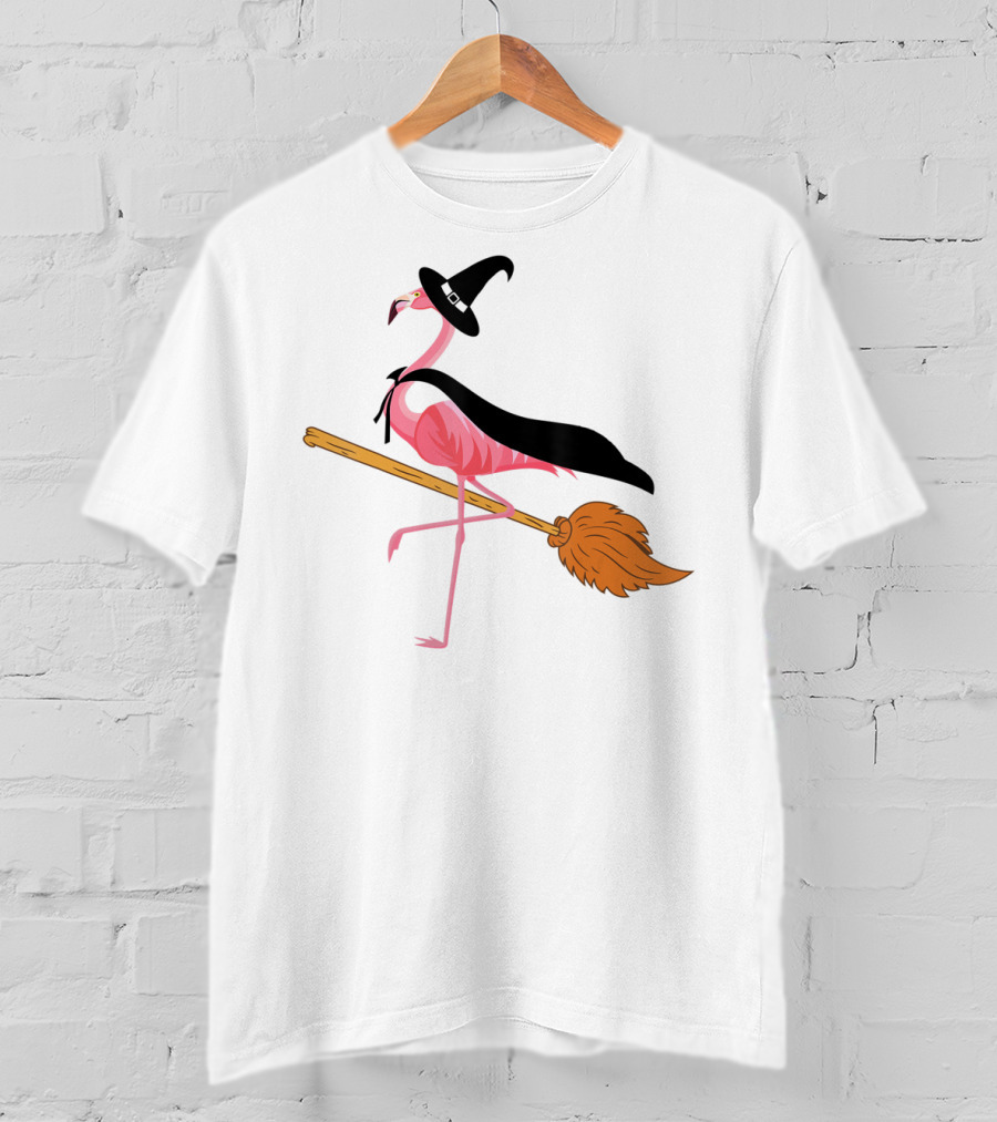 Funny Flamingo Witch Riding Broomstick T-Shirt