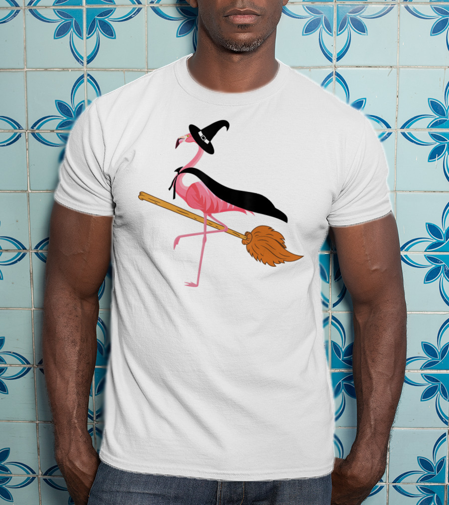 Funny Flamingo Witch Riding Broomstick T-Shirt