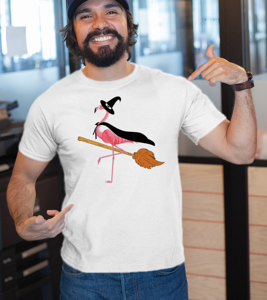 Funny Flamingo Witch Riding Broomstick T-Shirt