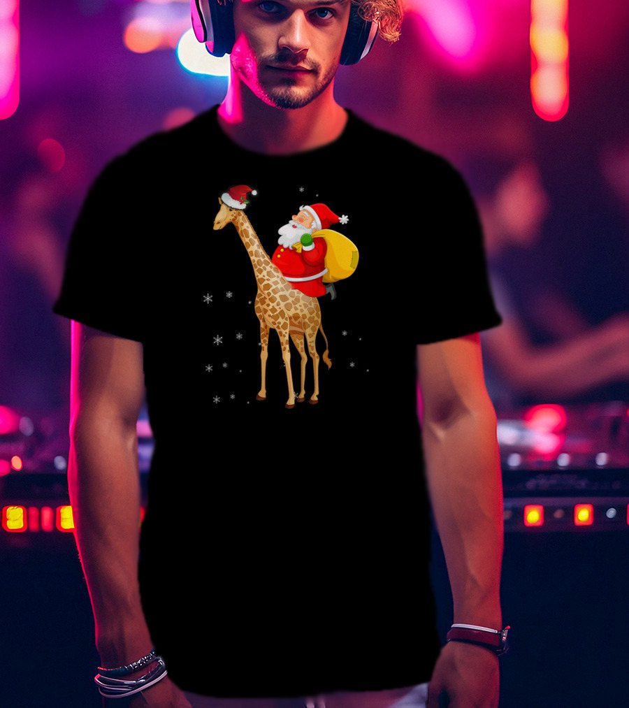Santa Claus Riding A Giraffe With Snowflakes T-Shirt