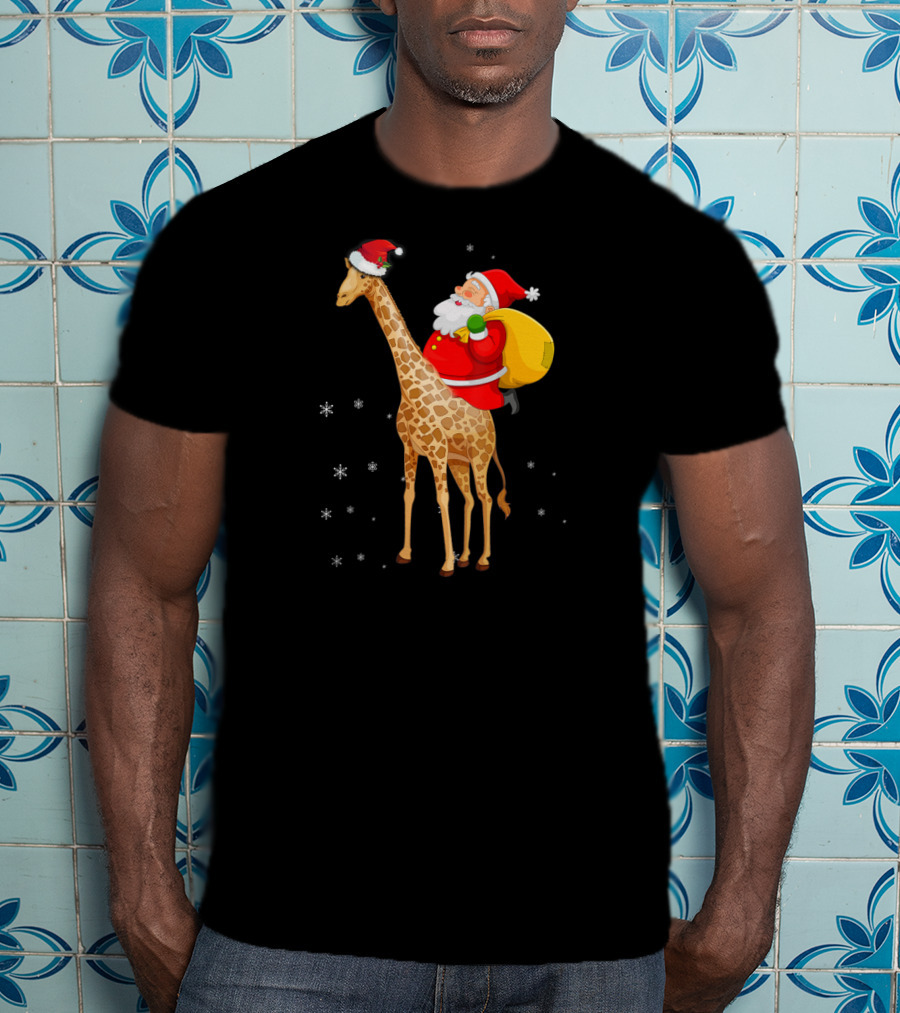Santa Claus Riding A Giraffe With Snowflakes T-Shirt
