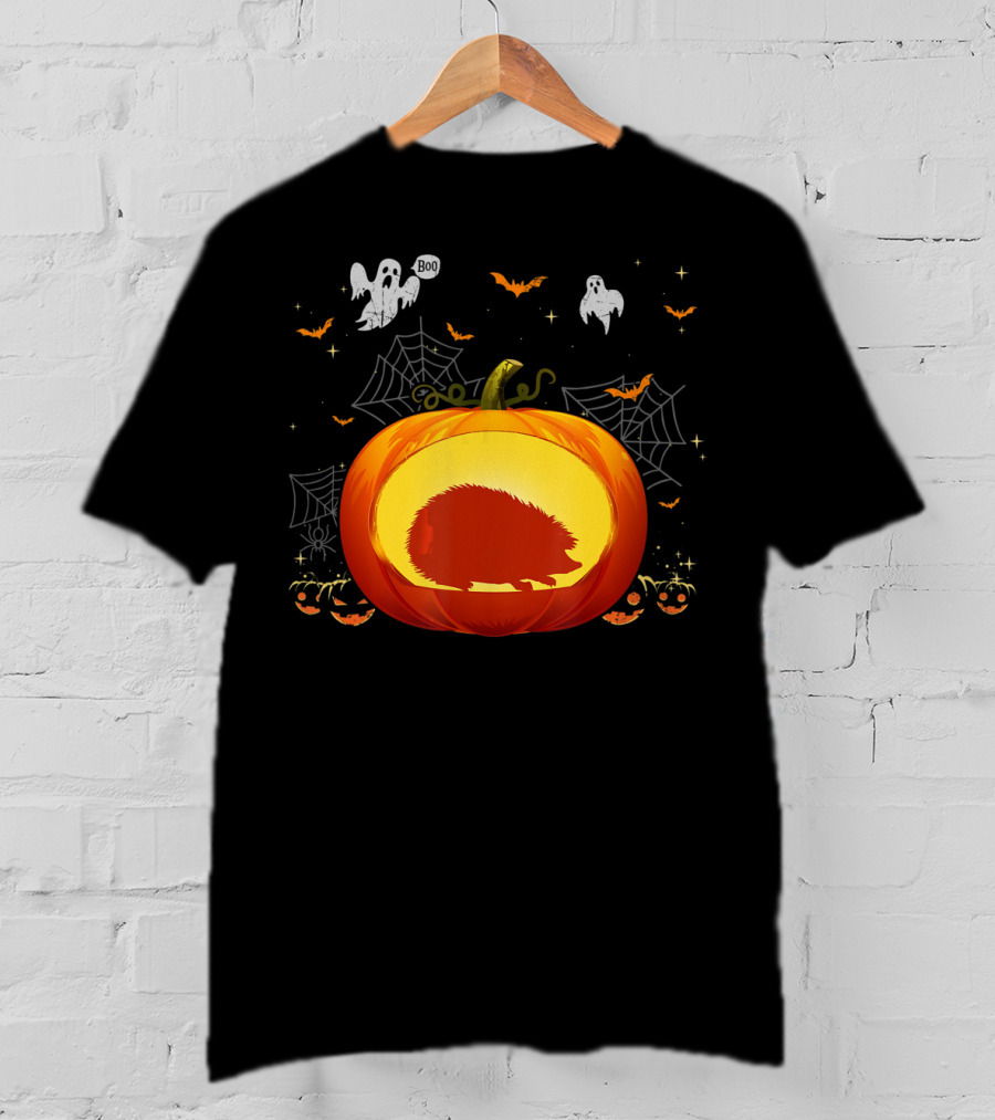 Hedgehog Silhouette In Halloween Pumpkin With Ghosts And Spiderwebs T-Shirt