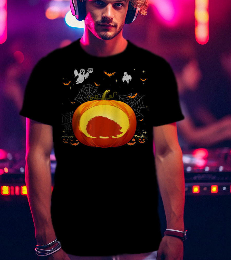 Hedgehog Silhouette In Halloween Pumpkin With Ghosts And Spiderwebs T-Shirt