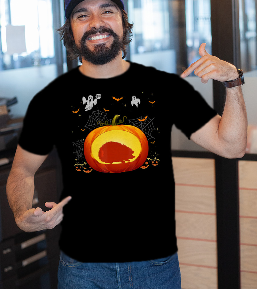 Hedgehog Silhouette In Halloween Pumpkin With Ghosts And Spiderwebs T-Shirt