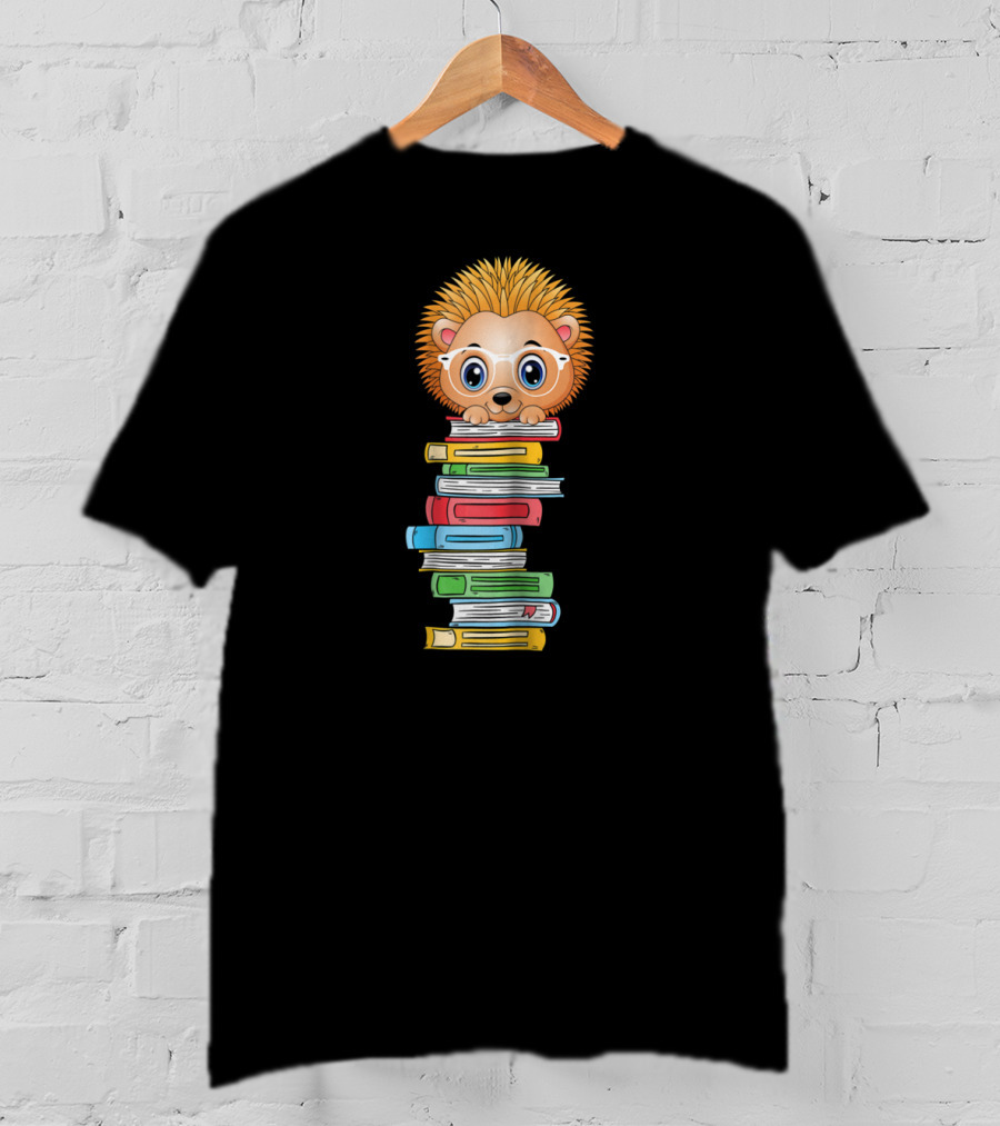 Hedgehog Book Lover With Glasses Hugging Colorful Book Stack T-Shirt