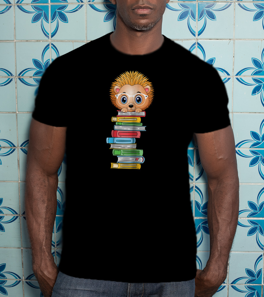 Hedgehog Book Lover With Glasses Hugging Colorful Book Stack T-Shirt