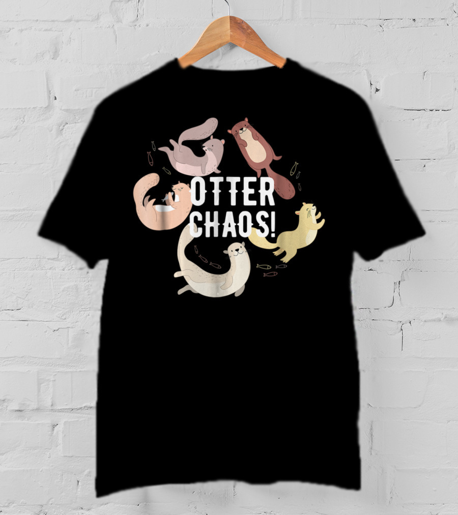 Otter Chaos Playful Otters Tumbling With Fish T-Shirt