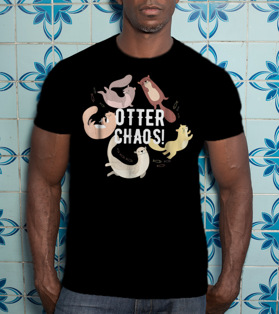 Otter Chaos Playful Otters Tumbling With Fish T-Shirt