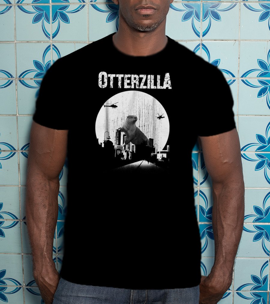 Otterzilla Funny Otter Cute Otters Lover Cityscape Helicopters T-Shirt