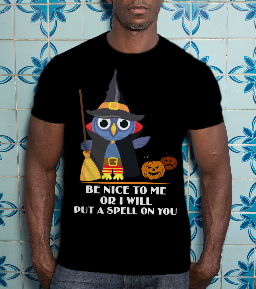 Be Nice To Me Or I Will Put A Spell On You Halloween Owl Witch Broom Pumpkins T-Shirt