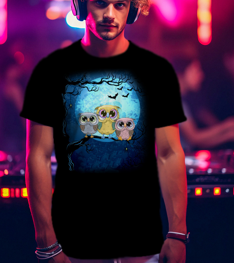Night Family Owls Under Full Moon With Bats And Spiders T-Shirt