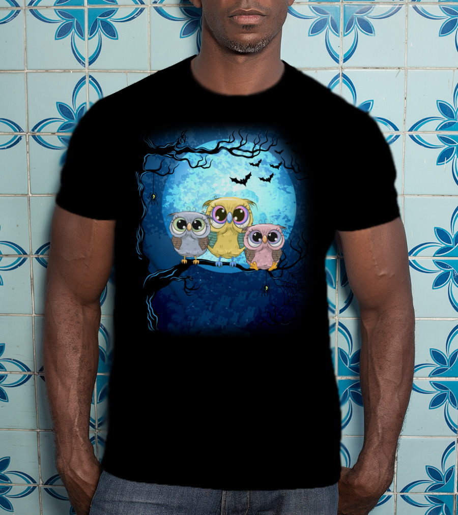 Night Family Owls Under Full Moon With Bats And Spiders T-Shirt