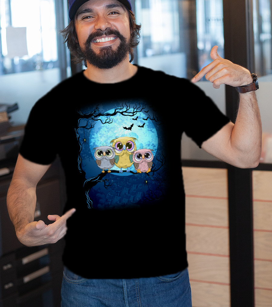 Night Family Owls Under Full Moon With Bats And Spiders T-Shirt
