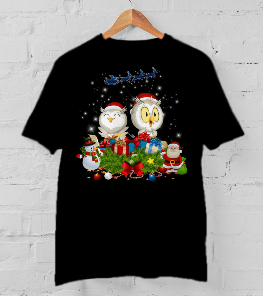 Waiting For Santa Owls With Gifts And Snowman Scene T-Shirt