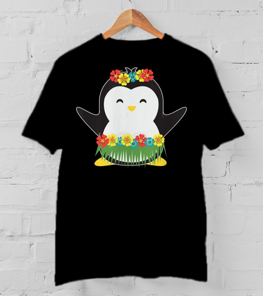 Penguin With Hula Skirt And Hawaiian Flowers Luau Party T-Shirt
