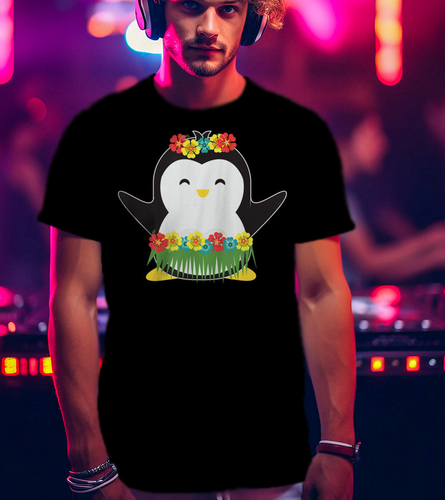Penguin With Hula Skirt And Hawaiian Flowers Luau Party T-Shirt