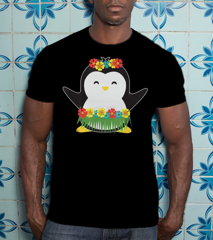 Penguin With Hula Skirt And Hawaiian Flowers Luau Party T-Shirt
