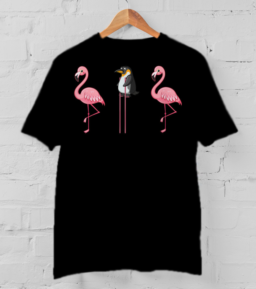 Flamingo Penguin On Stilts Flamingo Lover Scene With Two Pink Flamingos T-Shirt