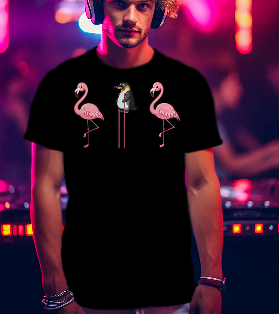 Flamingo Penguin On Stilts Flamingo Lover Scene With Two Pink Flamingos T-Shirt
