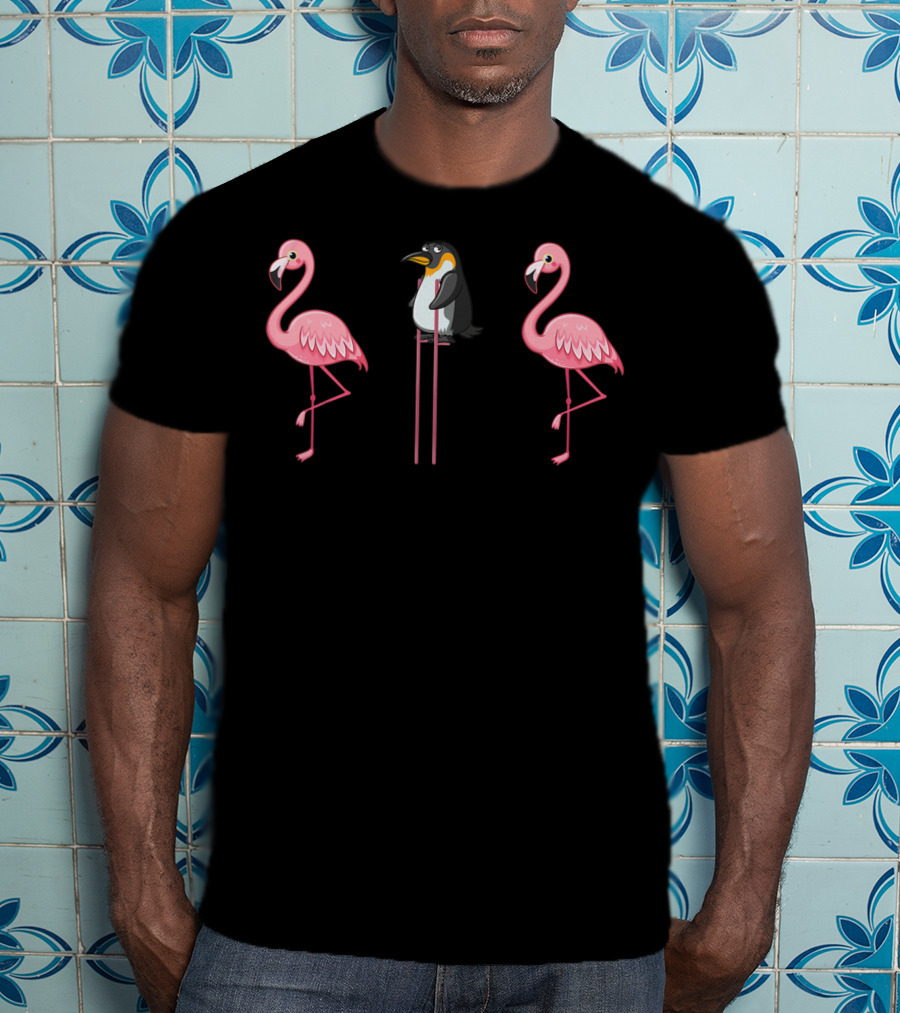 Flamingo Penguin On Stilts Flamingo Lover Scene With Two Pink Flamingos T-Shirt