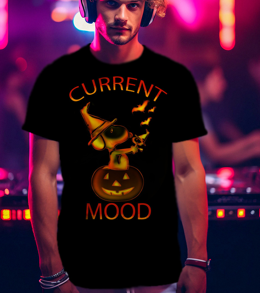 Current Mood Halloween Snoopy Wizard On Pumpkin With Bats From The Peanuts Movie T-Shirt