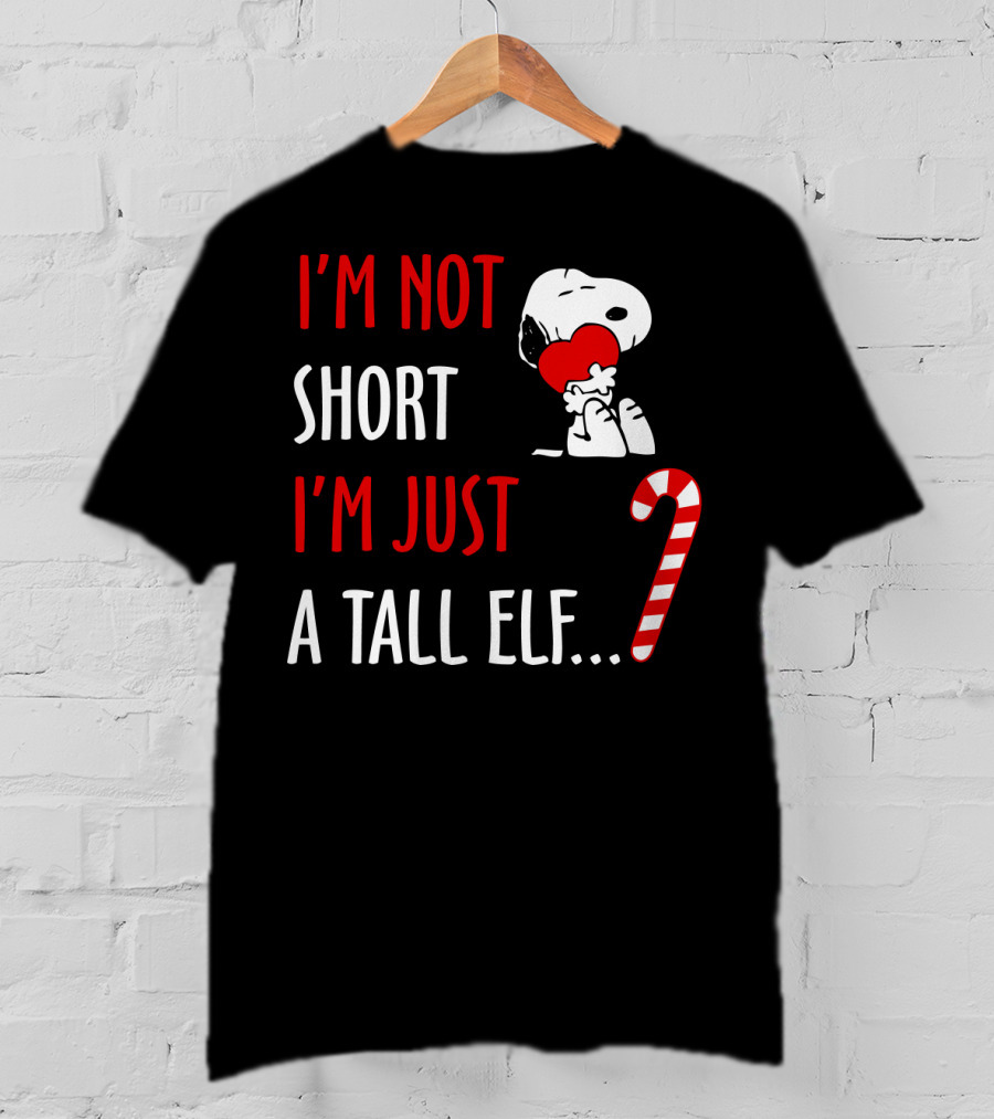 I'm Not Short I'm Just A Tall Elf Snoopy Candy Cane Hugging Heart T-Shirt
