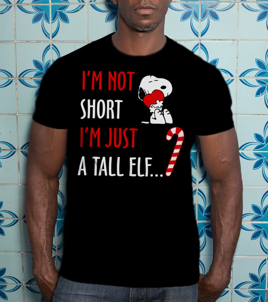 I'm Not Short I'm Just A Tall Elf Snoopy Candy Cane Hugging Heart T-Shirt