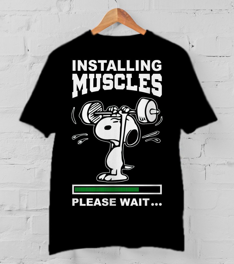 Installing Muscles Please Wait Snoopy Lifting Weights Peanuts T-Shirt