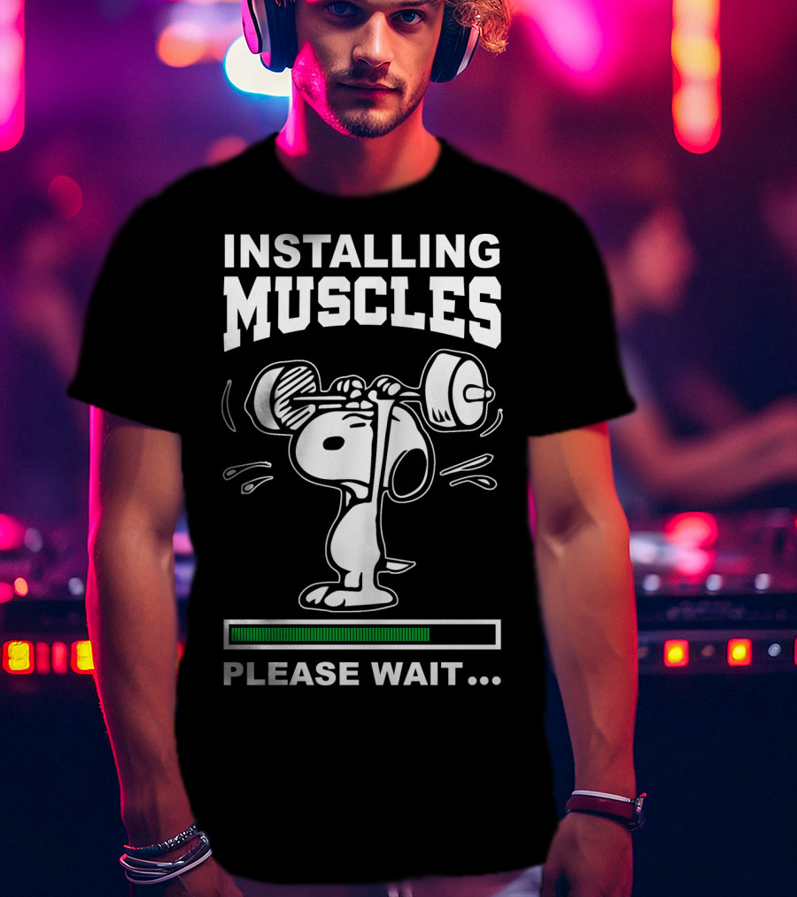 Installing Muscles Please Wait Snoopy Lifting Weights Peanuts T-Shirt
