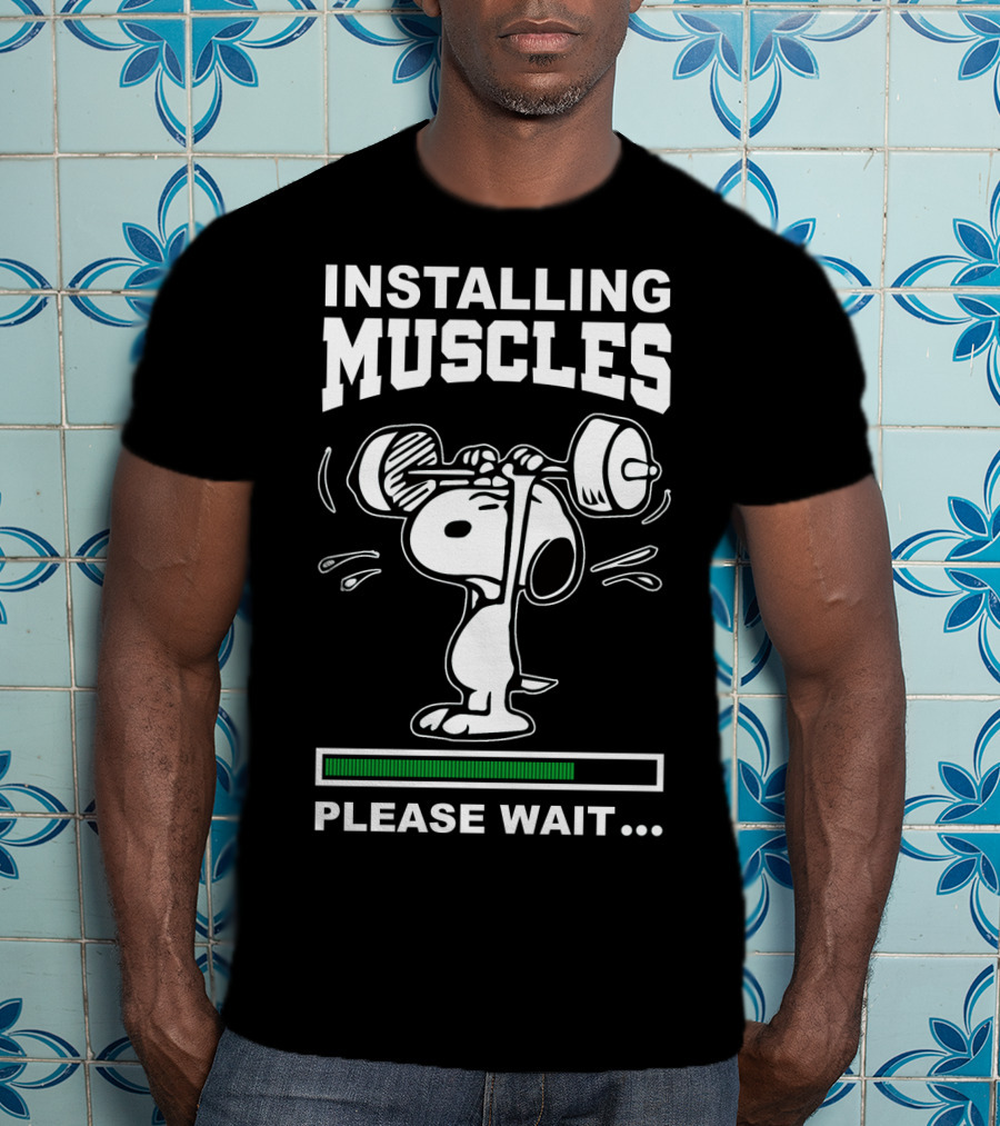 Installing Muscles Please Wait Snoopy Lifting Weights Peanuts T-Shirt