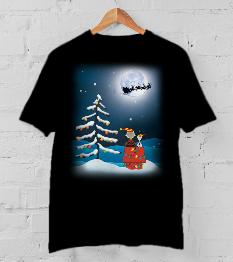 Noel Night Snoopy Peanuts Movie Christmas Scene Santa Sleigh Winter Tree With Lights T-Shirt
