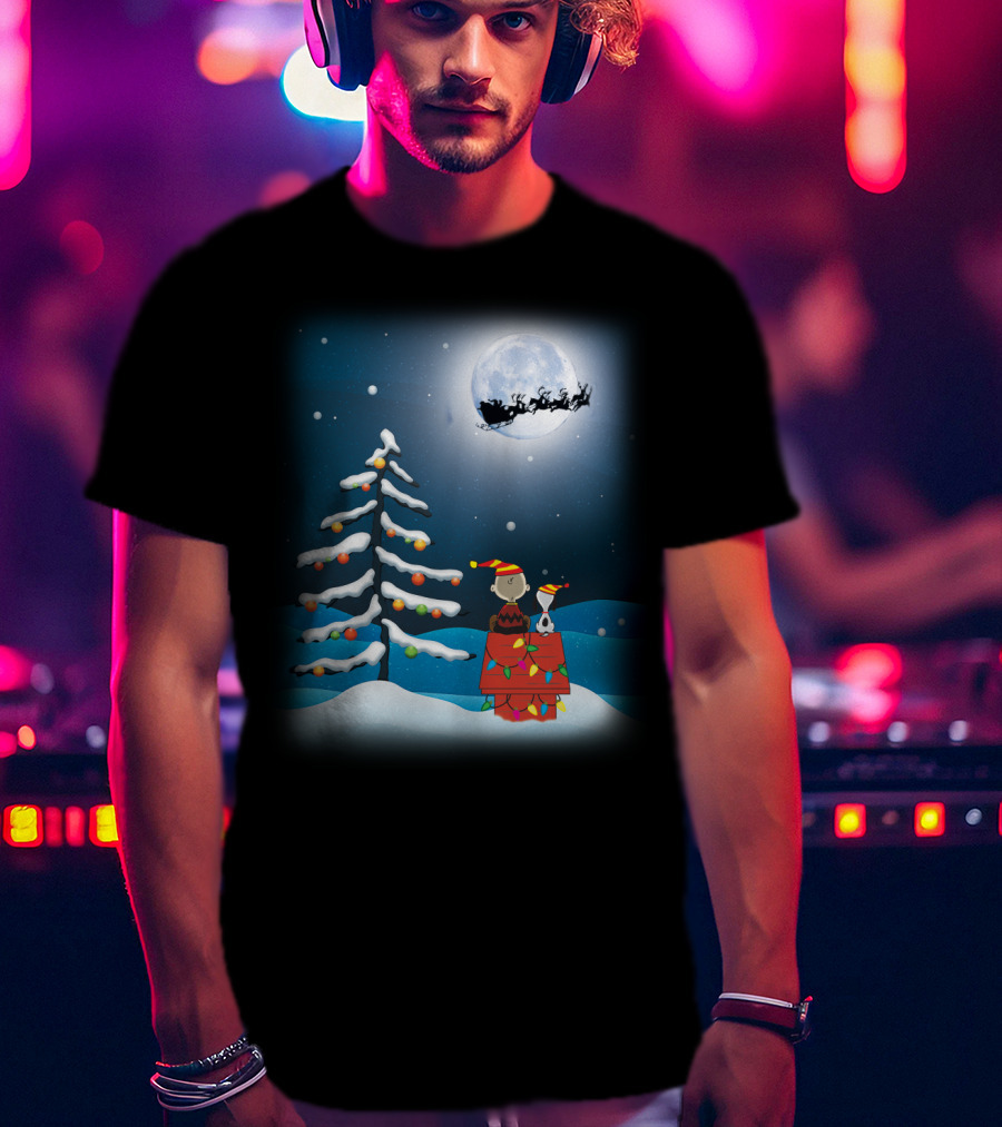 Noel Night Snoopy Peanuts Movie Christmas Scene Santa Sleigh Winter Tree With Lights T-Shirt